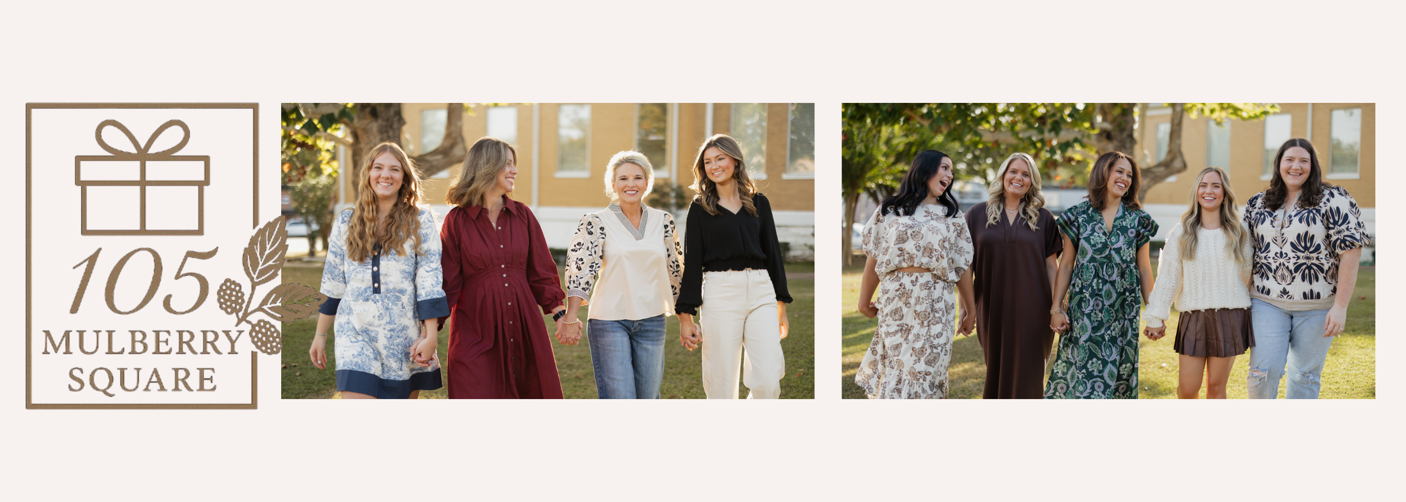 Promotional banner for 105 Mulberry Square featuring women in various outfits.
