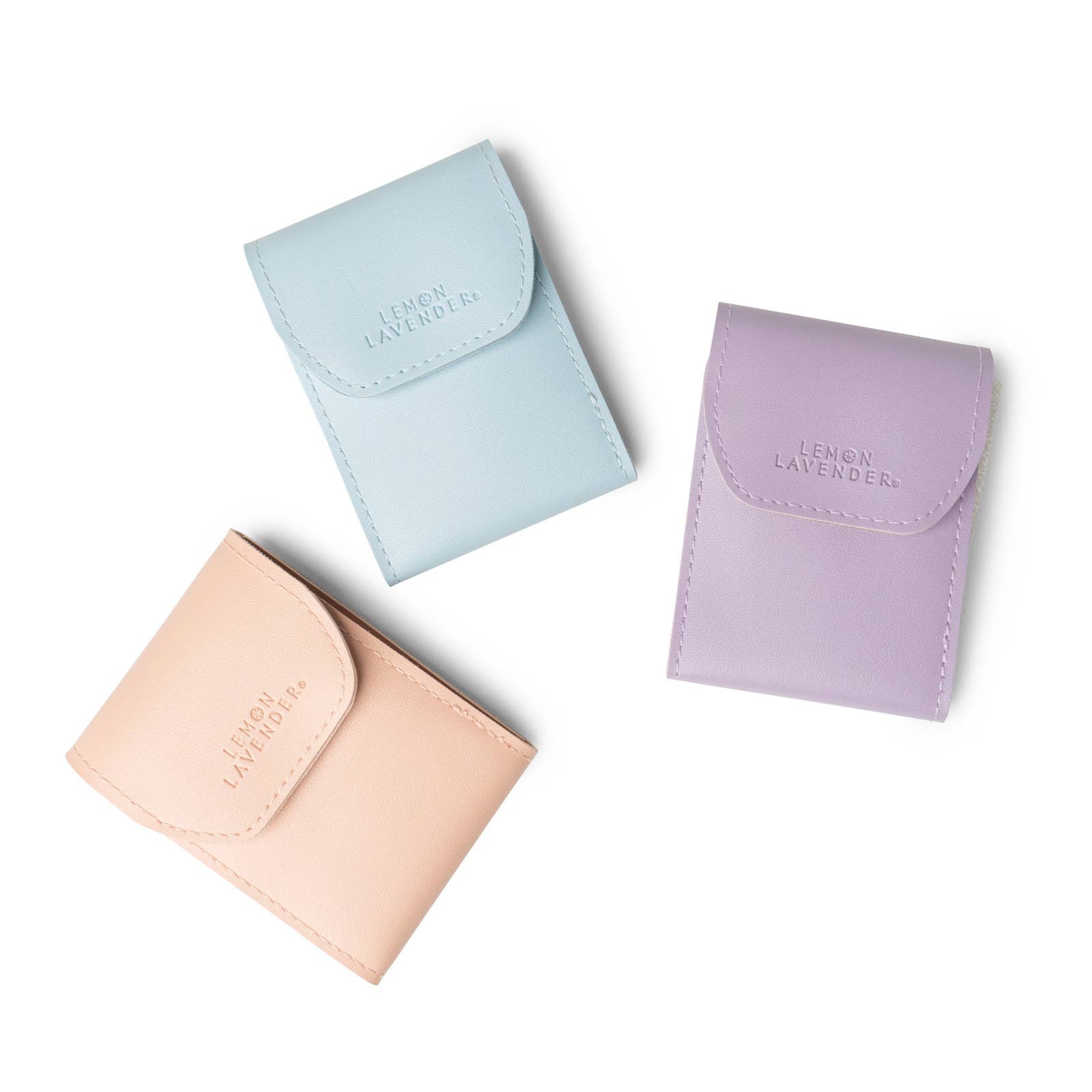 Three small pouches in pastel colors with 'Lemon Lavender' branding on a white background.