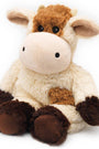 Plush cow toy with brown and beige colors on a white background
