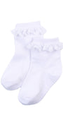 Pair of white socks with lace details on a white background