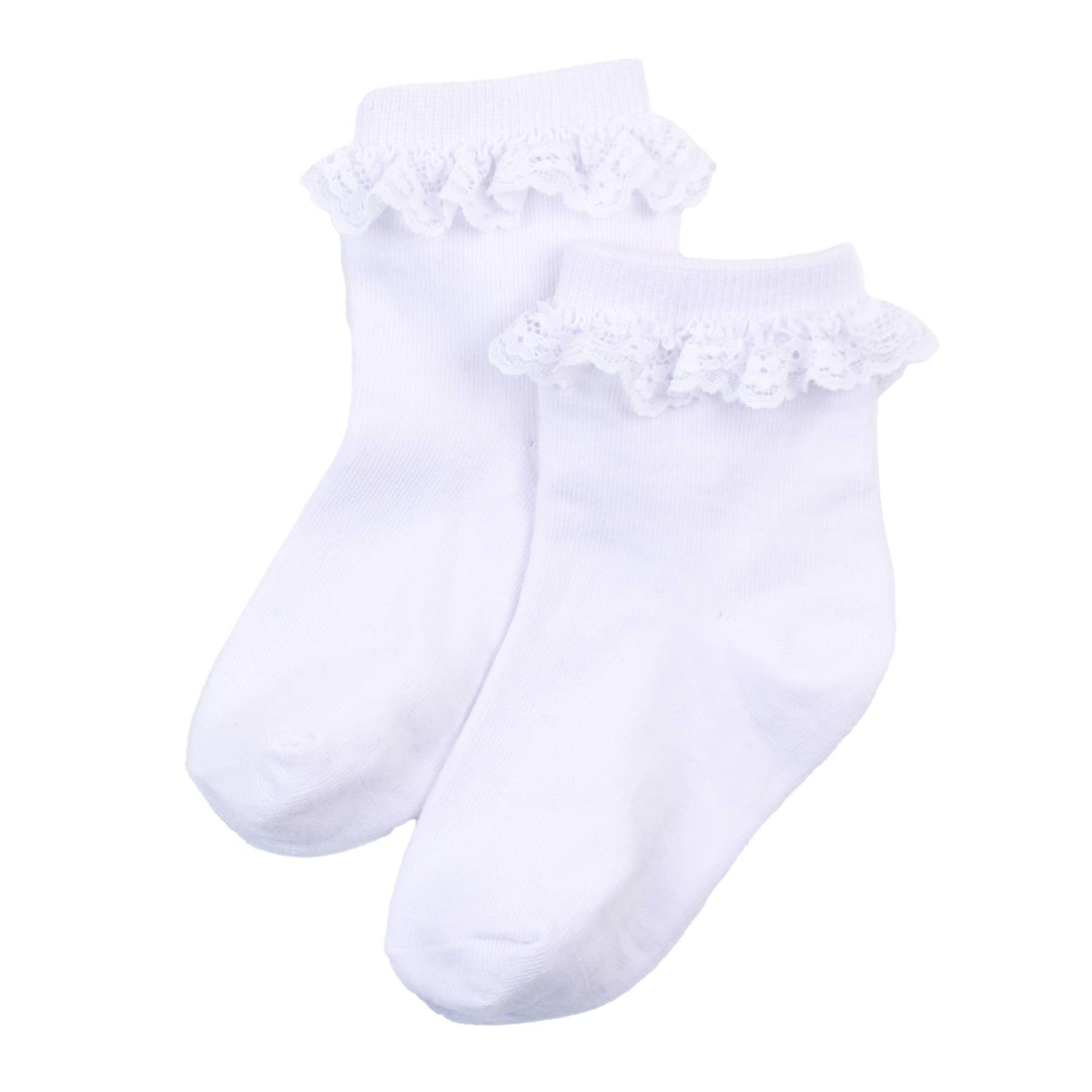 Pair of white socks with lace details on a white background