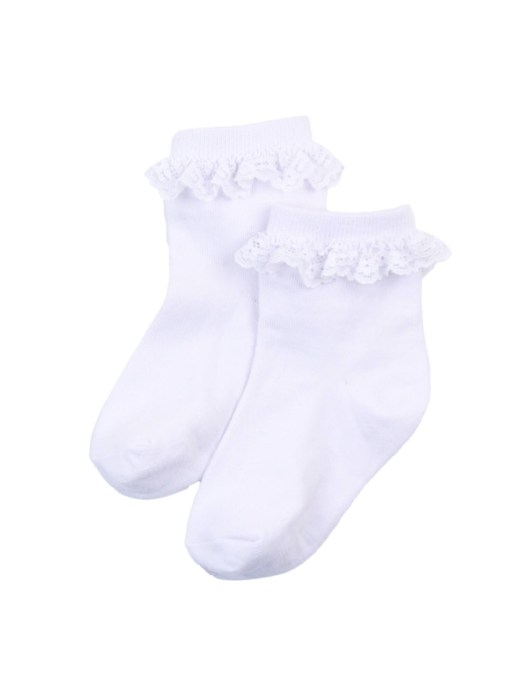 Pair of white socks with lace details on a white background