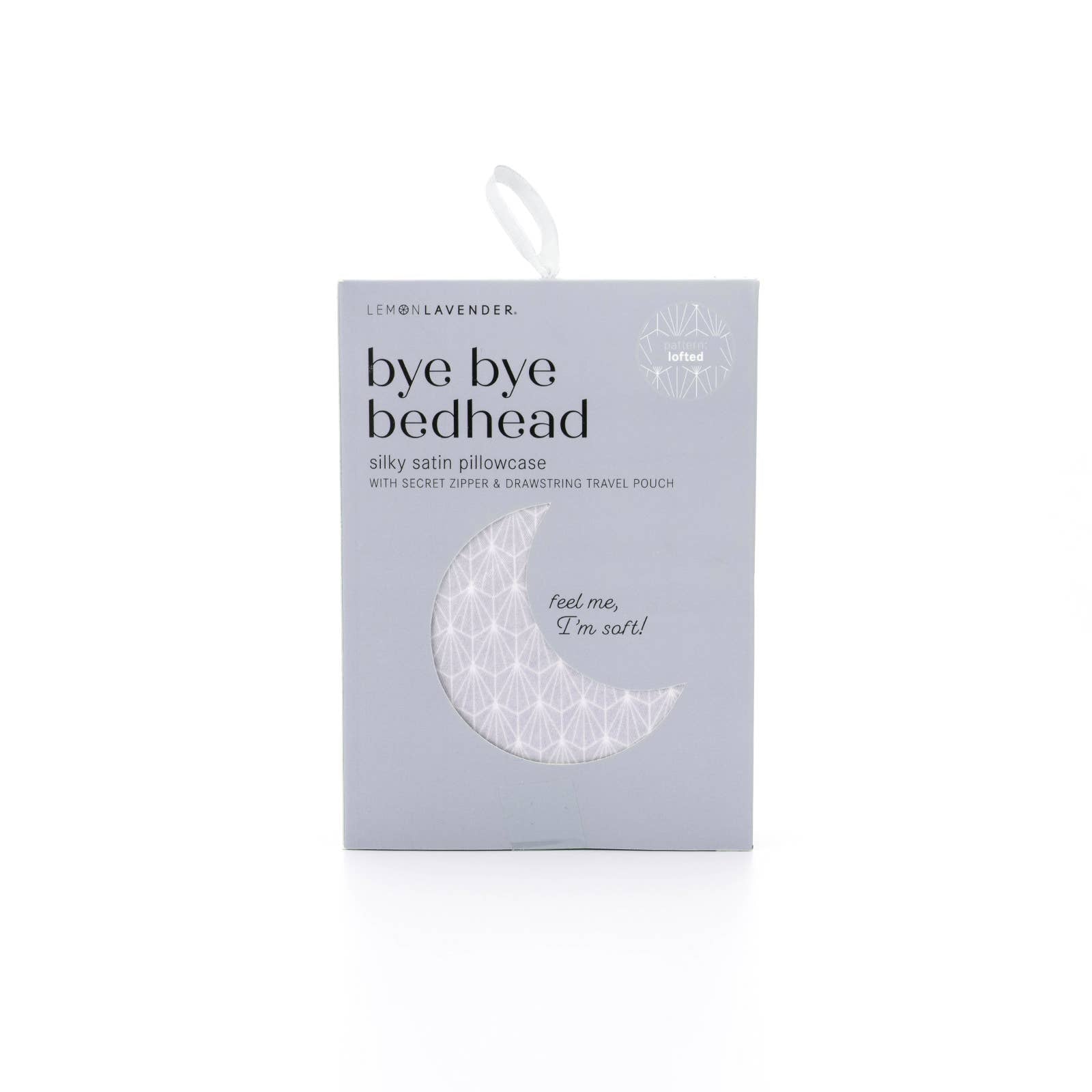 Silky satin pillowcase packaging with moon design on a white background