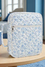 Blue floral zippered Bible cover with front pocket and adjustable strap