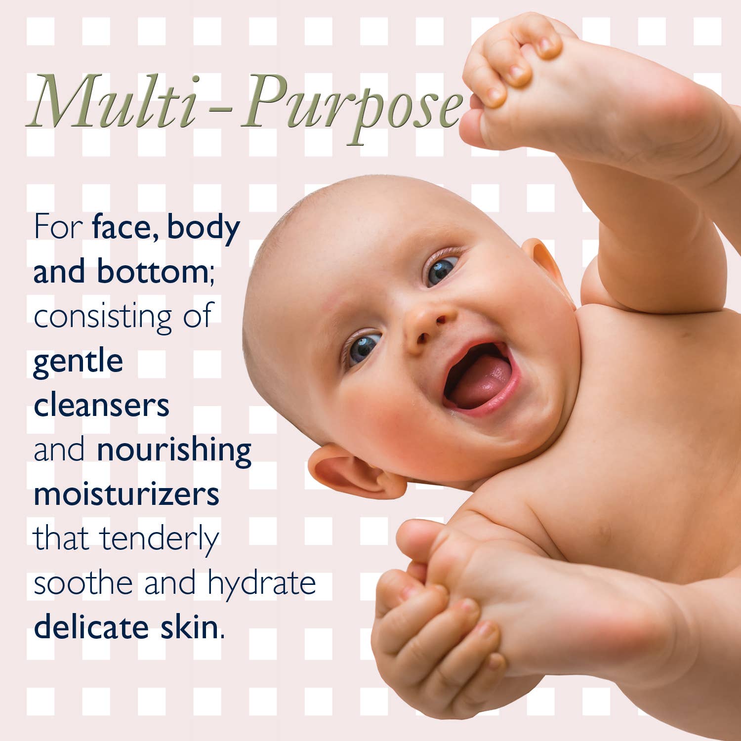 Baby with open mouth on a checkered background with product description text.