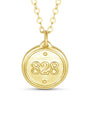 Gold necklace with a round pendant featuring the number 828 on a white background