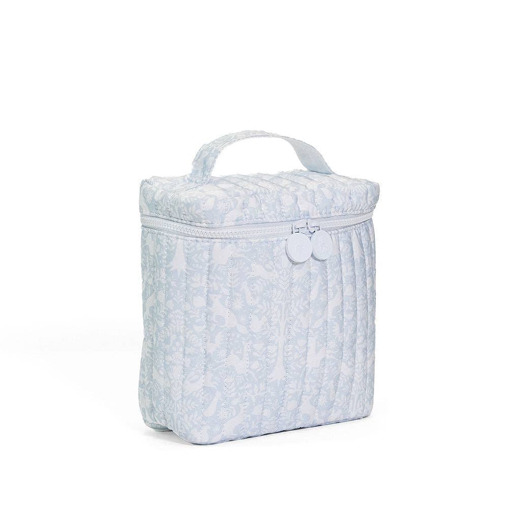 Light blue and white quilted lunch box with a handle on a white background
