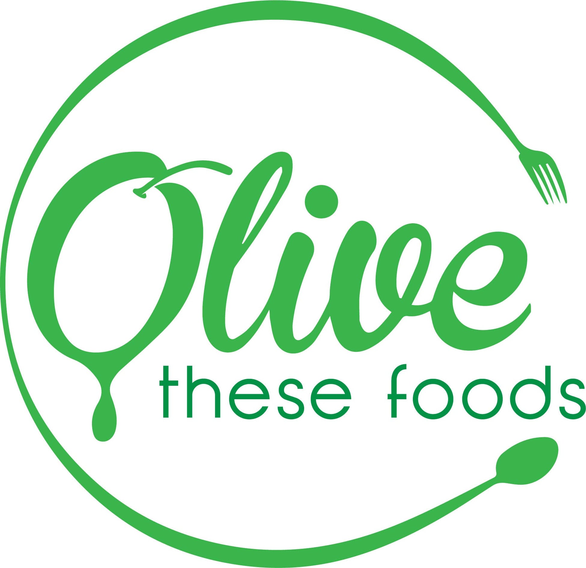 Green logo with 'Olive these foods' text and olive graphics on a white background