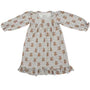 A long-sleeve night gown with a beige and white geometric pattern, featuring a ruffled hem and elasticized cuffs.