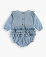 Light blue denim baby romper with ruffled details on a white background