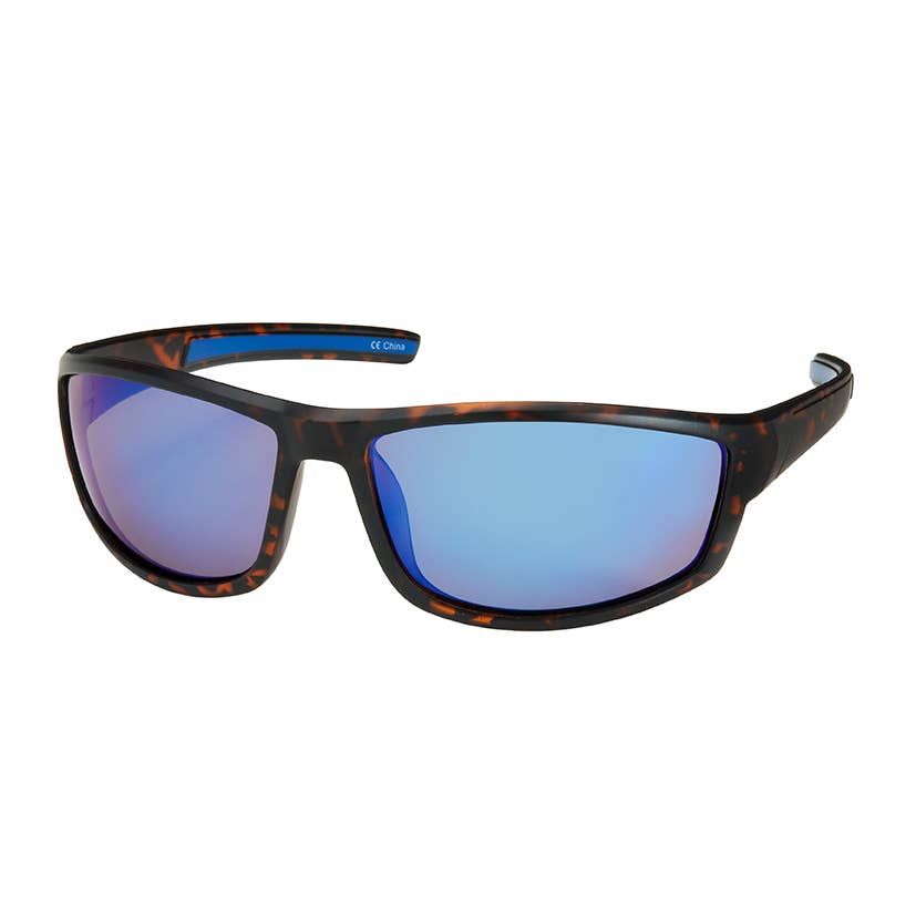 Sunglasses with blue reflective lenses and tortoiseshell frame on a white background