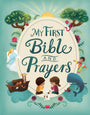 Book cover of 'My First Bible and Prayers' with children and animals illustrations on a blue background.
