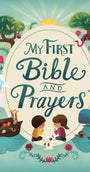 Book cover of 'My First Bible and Prayers' with children and animals illustrations on a blue background.