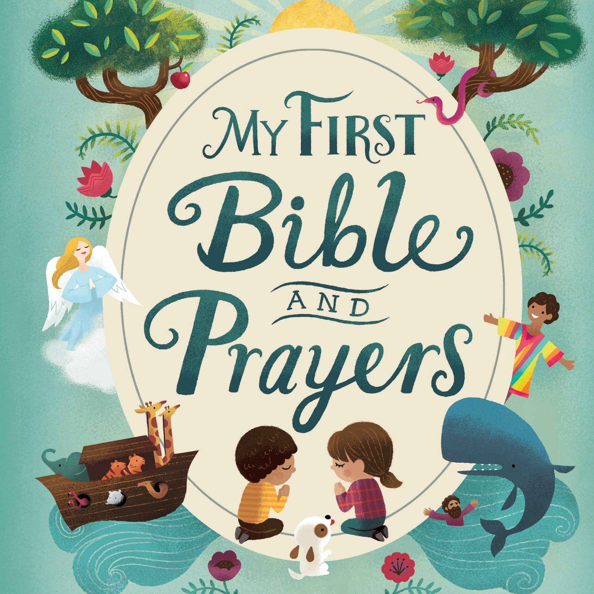 Book cover of 'My First Bible and Prayers' with children and animals illustrations on a blue background.