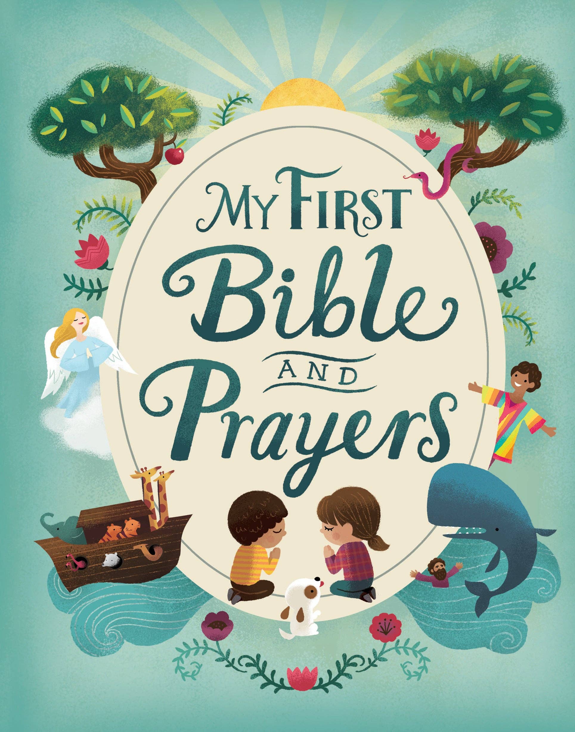 Book cover of 'My First Bible and Prayers' with children and animals illustrations on a blue background.