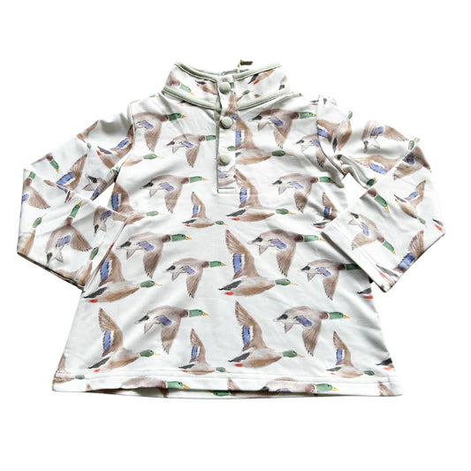 Long-sleeve shirt with duck pattern on a white background