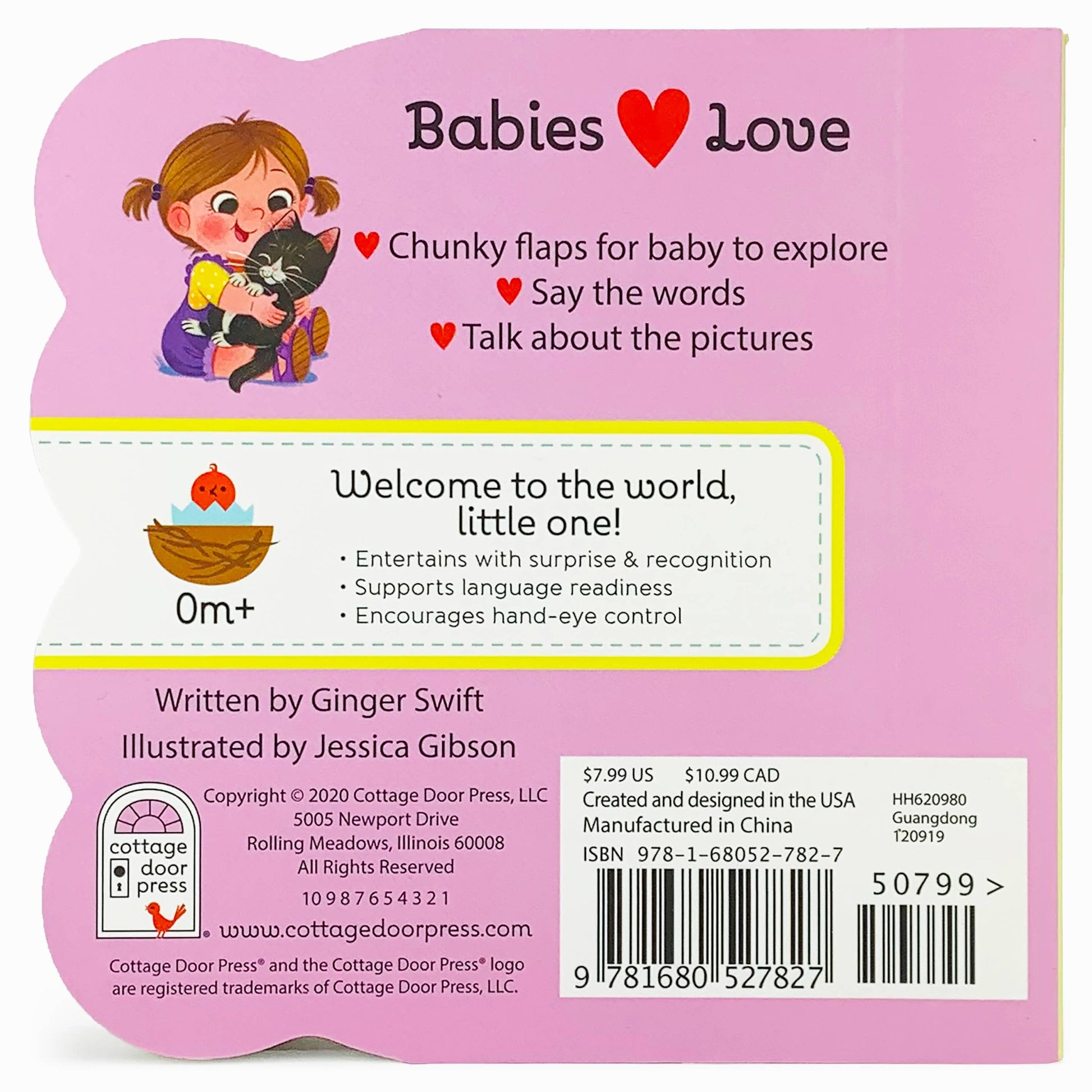 Back cover of a children's book with text and illustrations on a pink background