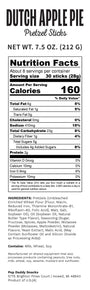 Nutrition facts label for Dutch Apple Pie Pretzel Sticks with serving size and calories information.
