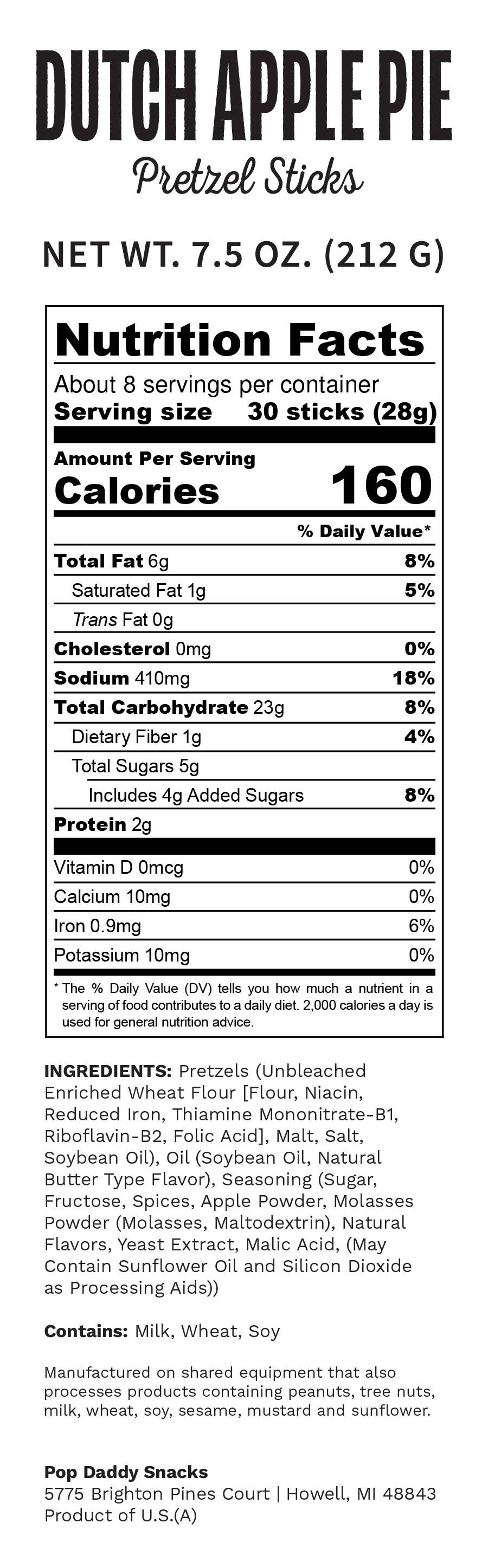 Nutrition facts label for Dutch Apple Pie Pretzel Sticks with serving size and calories information.