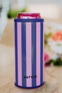 Striped drink cooler sleeve in navy and pink with Katydid logo