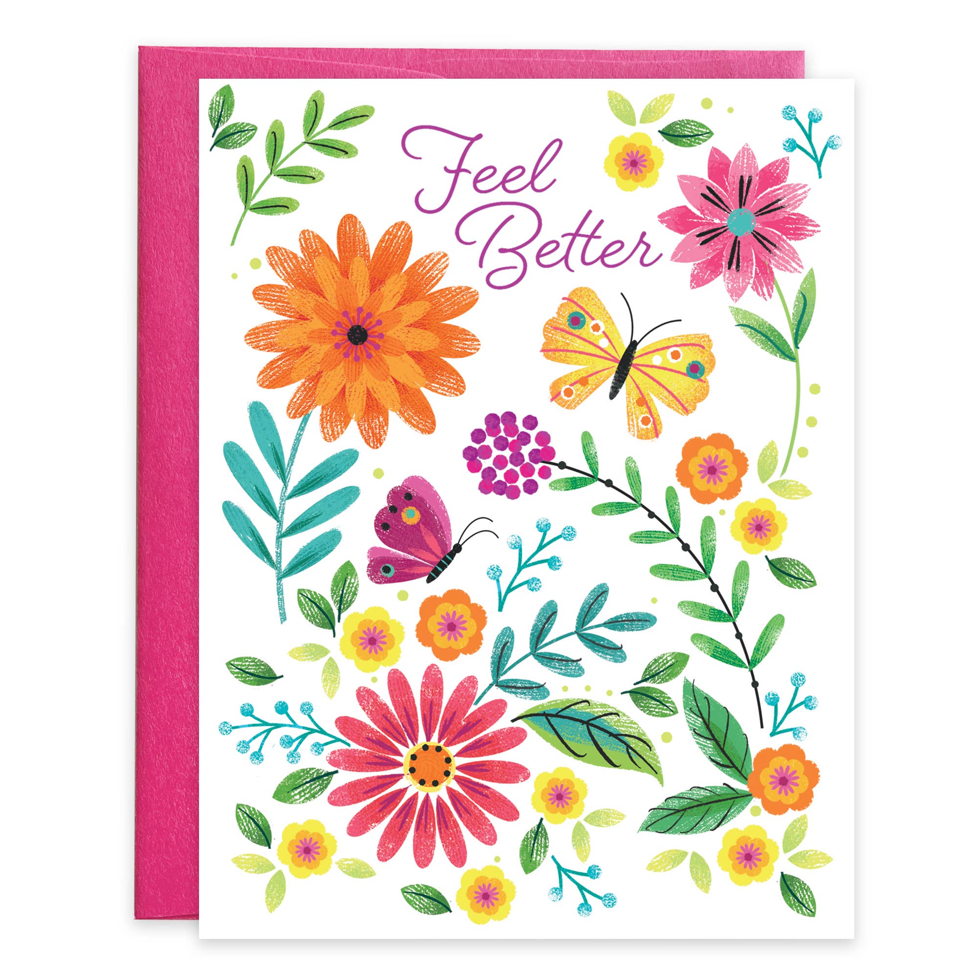 Greeting card with colorful flowers and butterflies and 'Feel Better' text on a white background.