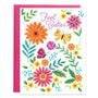 Greeting card with colorful flowers and butterflies and 'Feel Better' text on a white background.