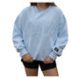 Light blue sweatshirt with 'LULU MEG' text worn by a person on a white background