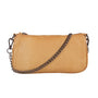 Tan clutch bag with a chain detail on a white background