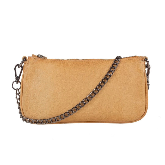Tan clutch bag with a chain detail on a white background