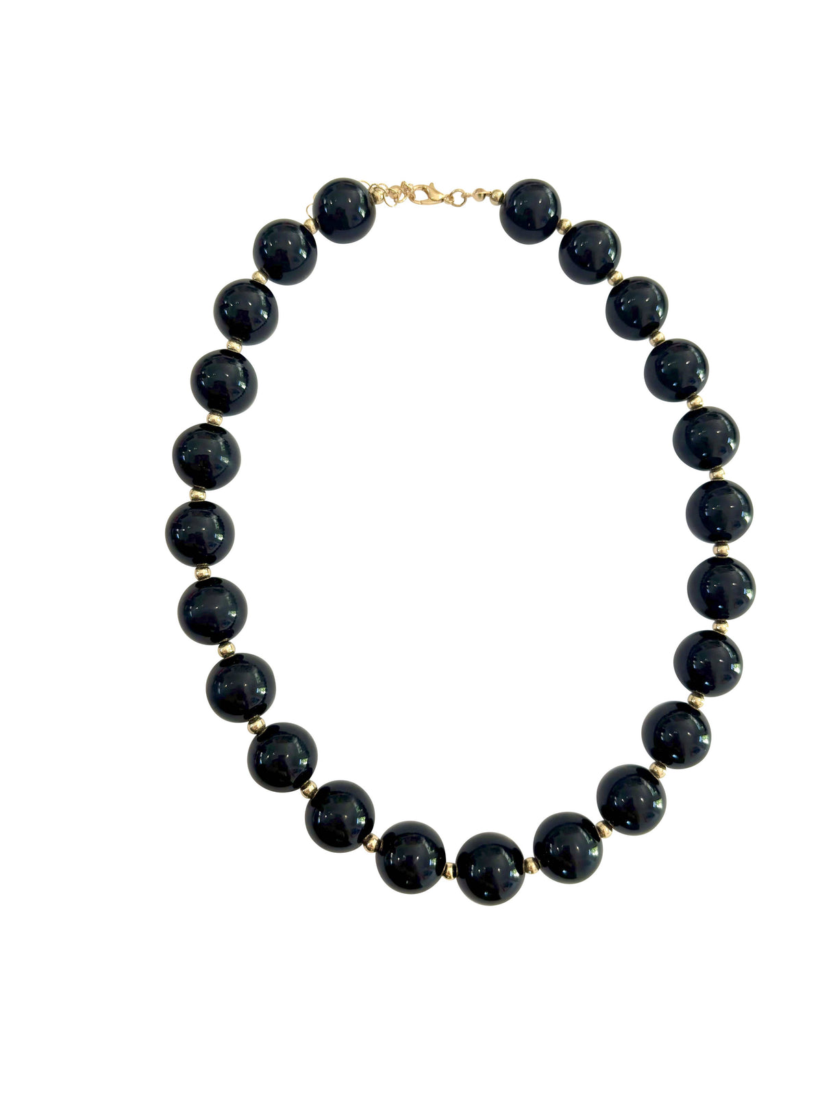 Chunky beaded necklace with dark round black beads and gold-tone clasp