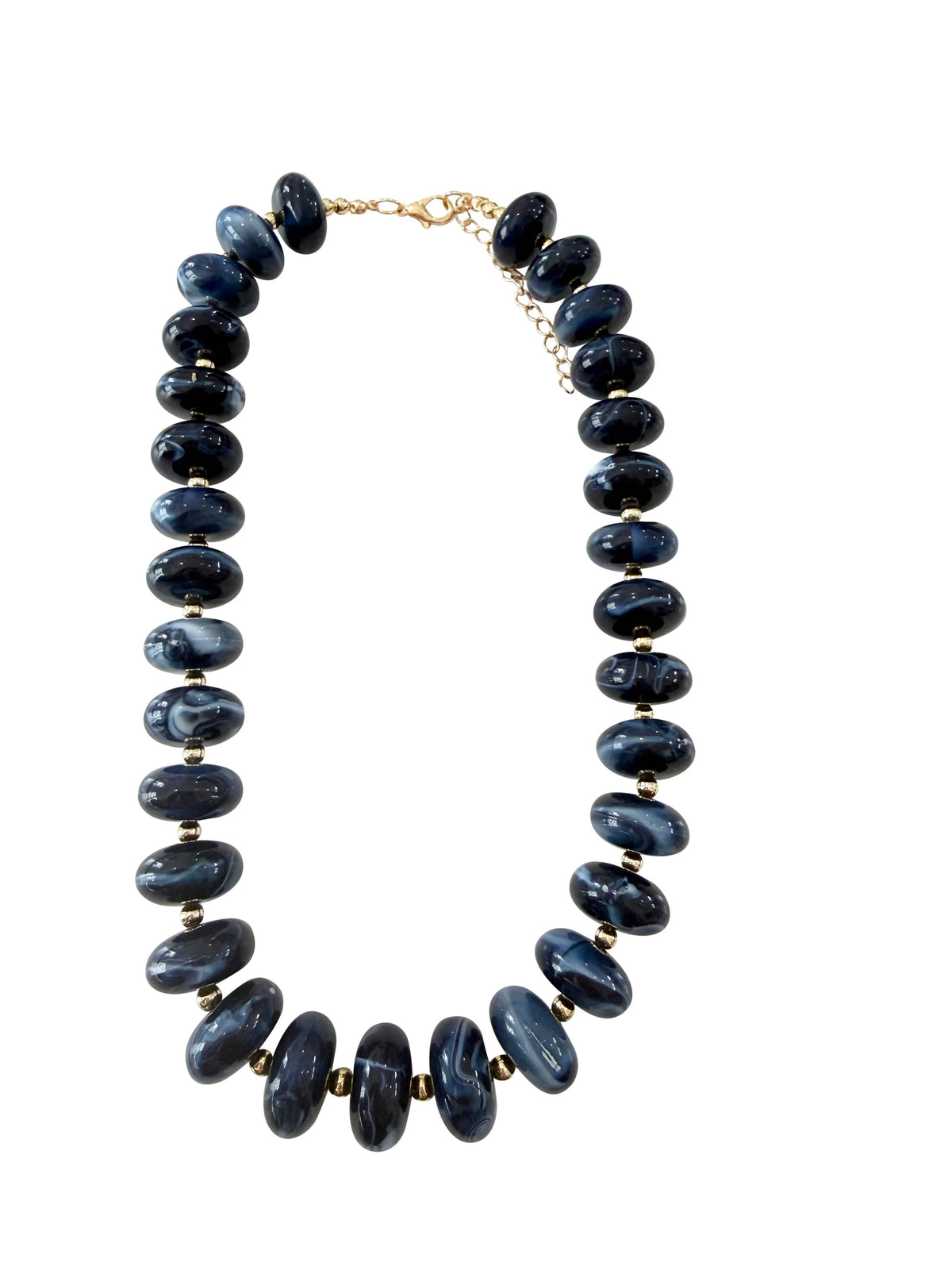 Chunky navy beaded necklace with gold clasp and oval bead links