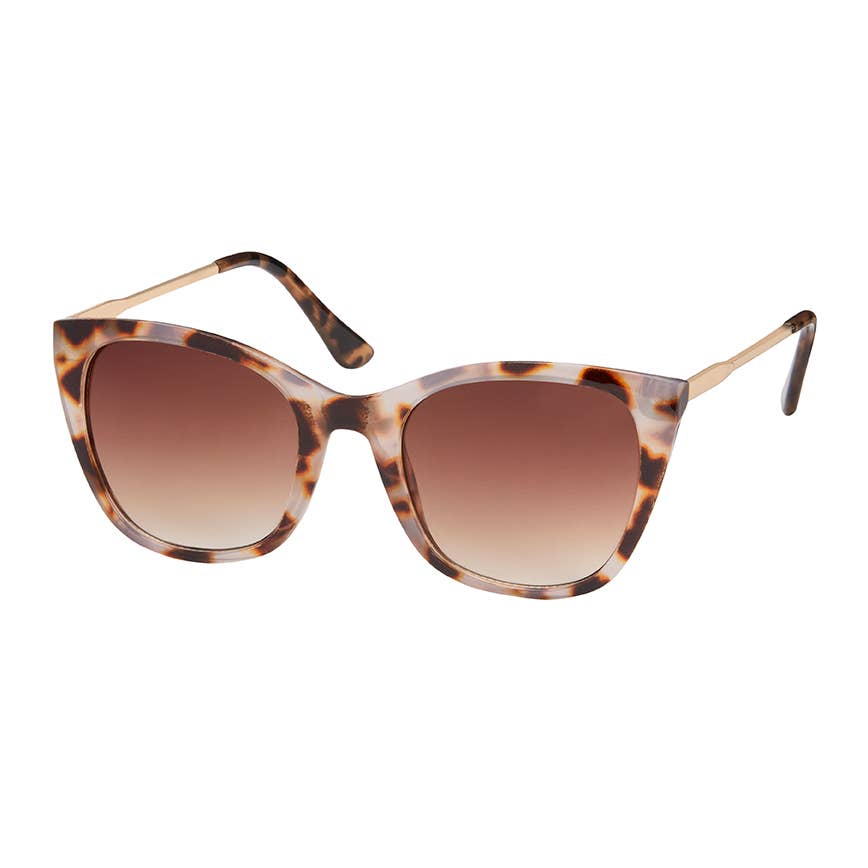 Sunglasses with brown gradient lenses and red frame on a white background