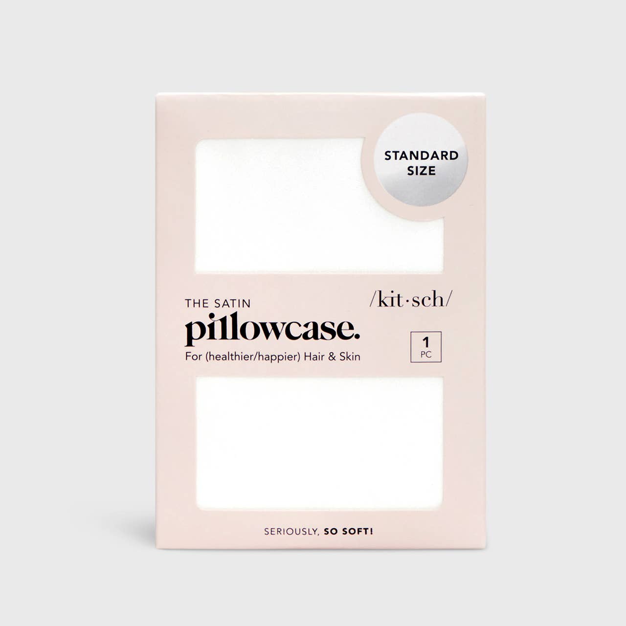 Package of satin pillowcase with branding and product details on a white background