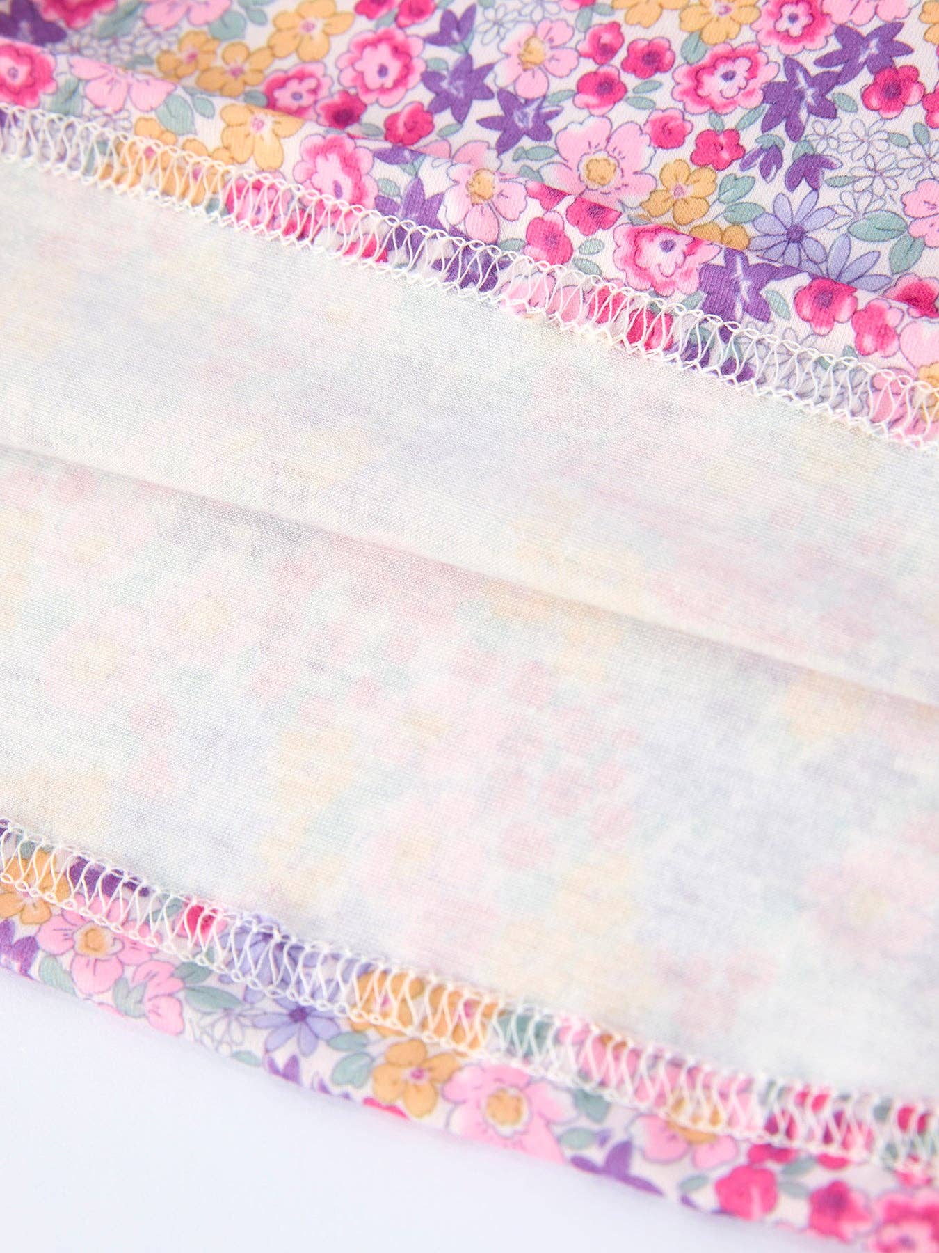 Close-up of fabric with floral pattern and colorful border