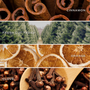 Collage of cinnamon sticks, fresh cut trees, orange slices, and cloves with labels.