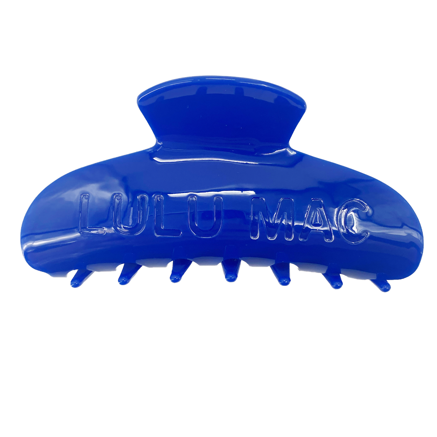 Blue hair clip with 'Lulu Mac' branding on a white background