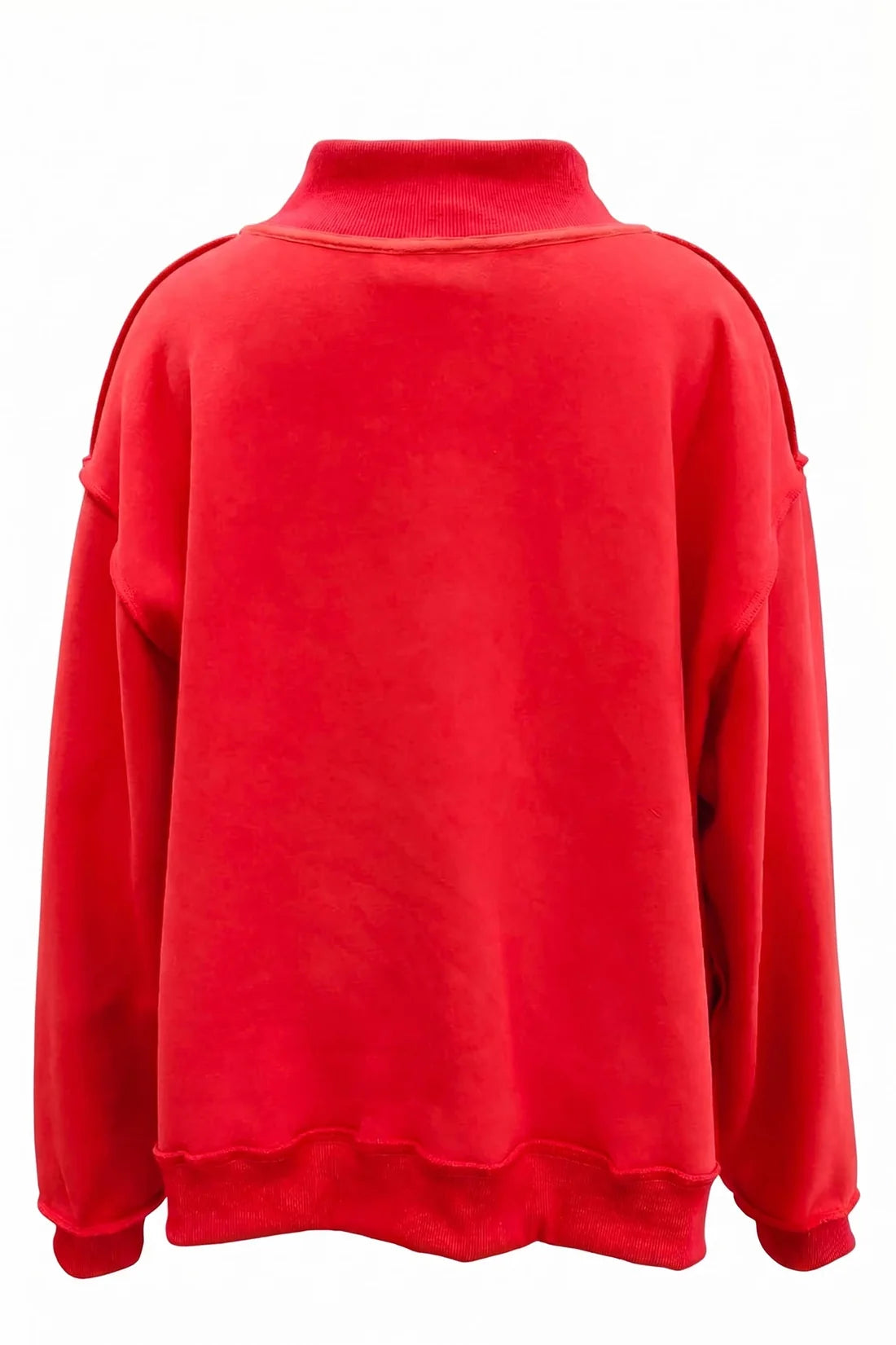 Red mock-neck sweatshirt, back view