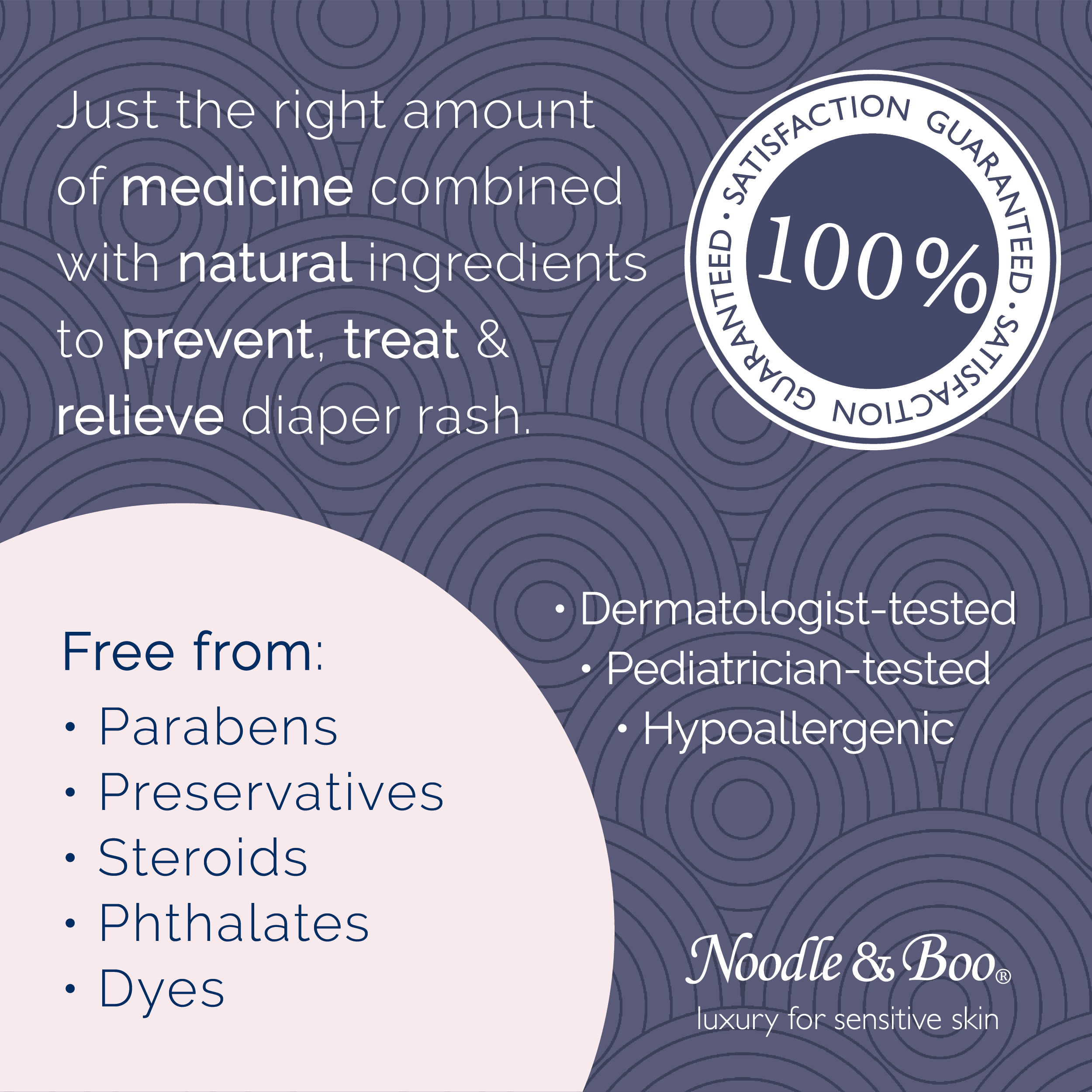 Advertisement for Noodle & Boo diaper rash relief product with text and logo on a patterned background.