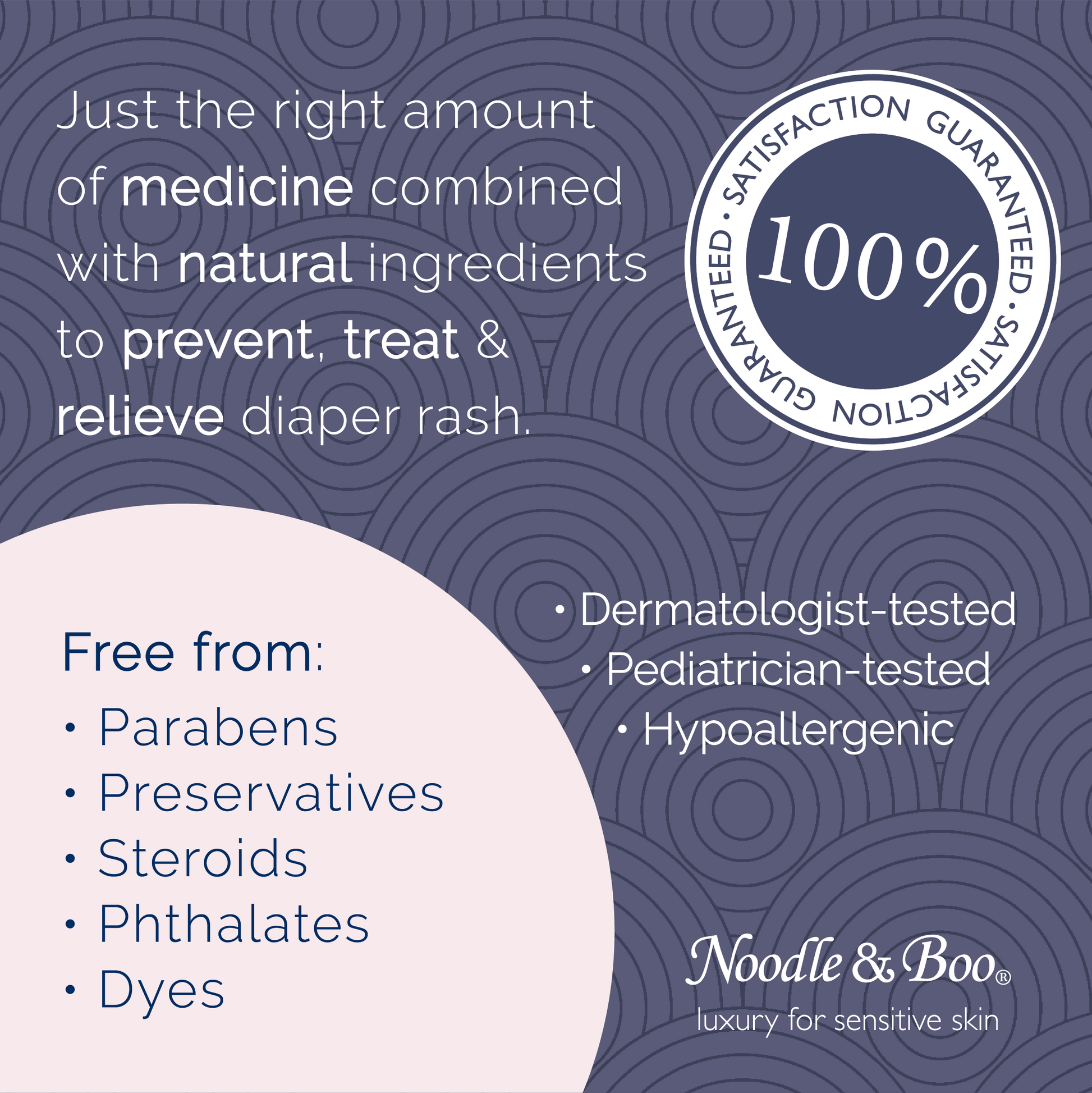 Advertisement for Noodle & Boo diaper rash relief product with text and logo on a patterned background.