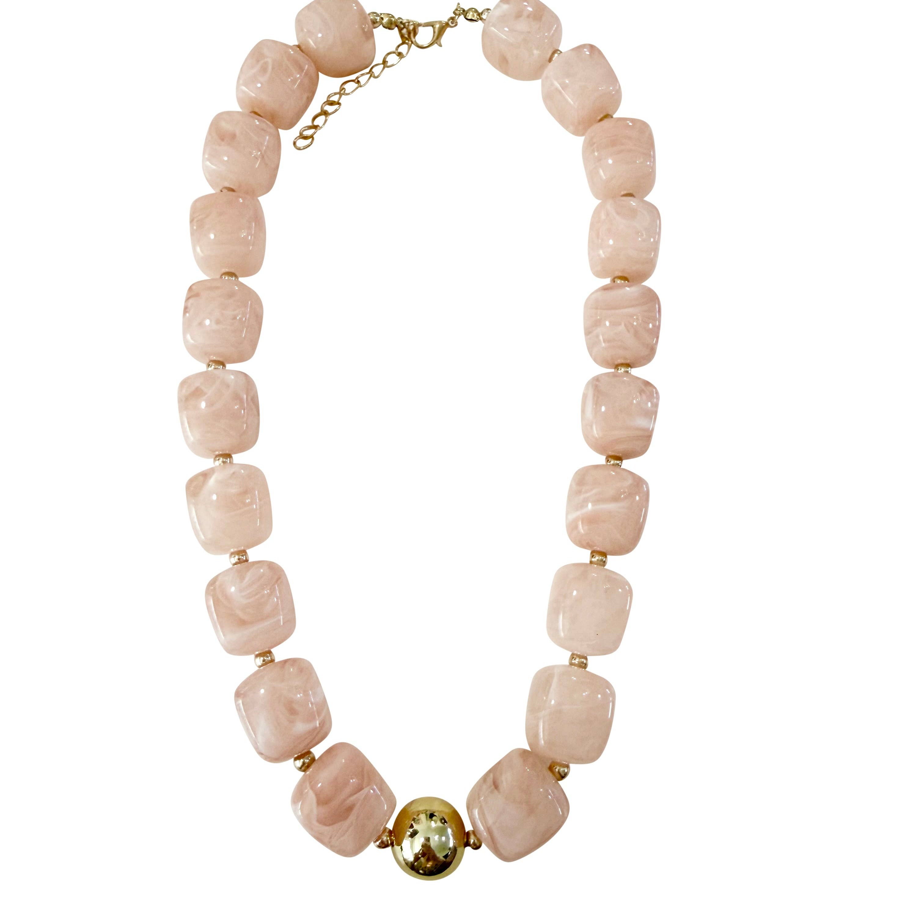 Chunky taupe beaded necklace with gold chain and round charm at center