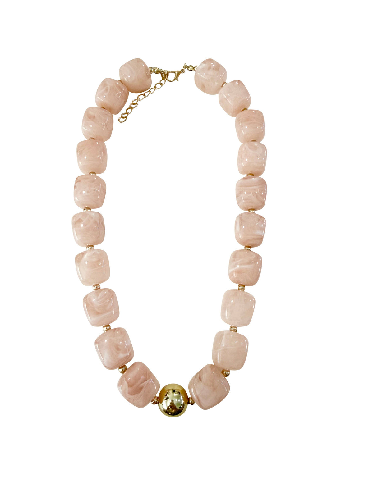 Chunky taupe beaded necklace with gold chain and round charm at center
