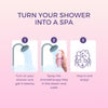 Product packaging with text 'Turn your shower into a spa' on a pink background