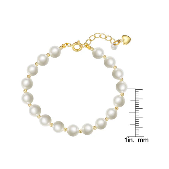 Pearl bracelet with gold clasp and chain, accompanied by a size chart on a white background.