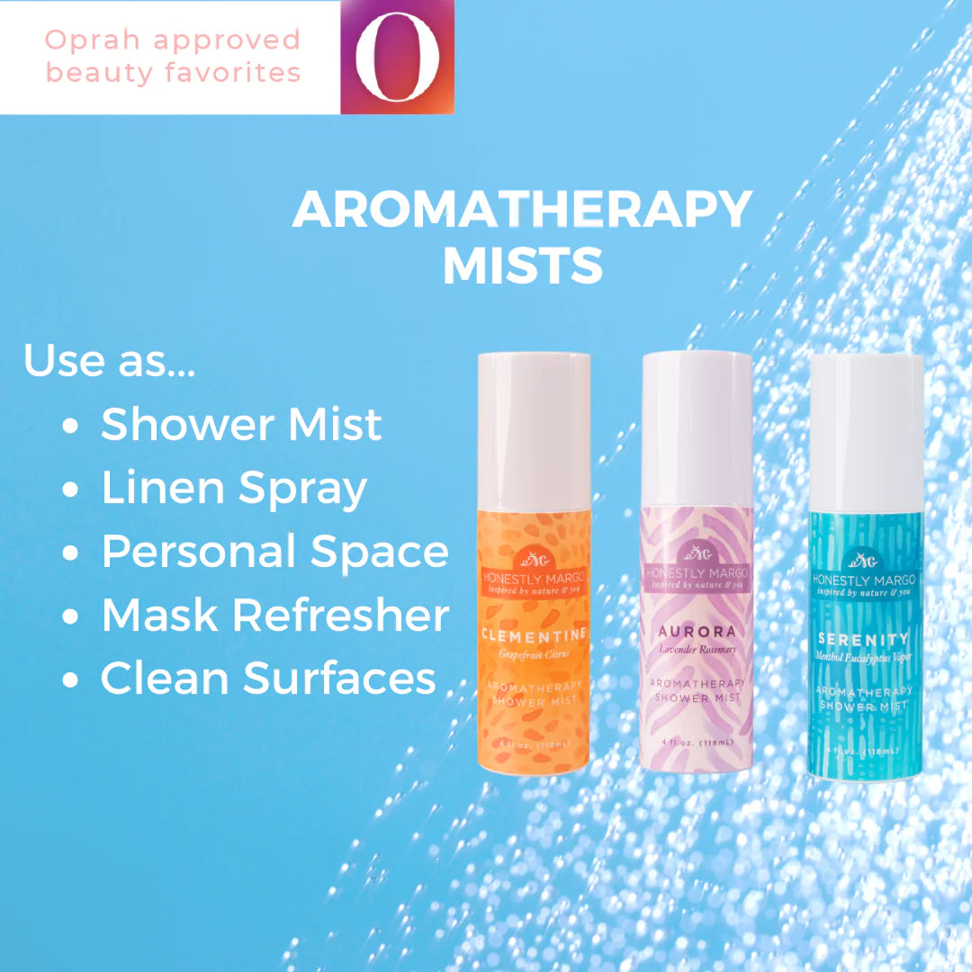 Three aromatherapy mist bottles with product uses on a blue background, featuring the Oprah magazine logo.