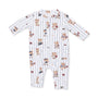 A baby long-sleeve footless romper with vertical navy blue pinstripes and an all-over print of teddy bears holding basketballs, shown on a plain white background.