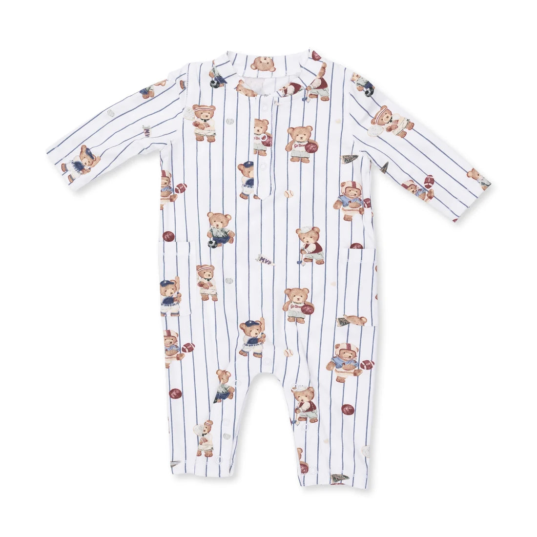 A baby long-sleeve footless romper with vertical navy blue pinstripes and an all-over print of teddy bears holding basketballs, shown on a plain white background.