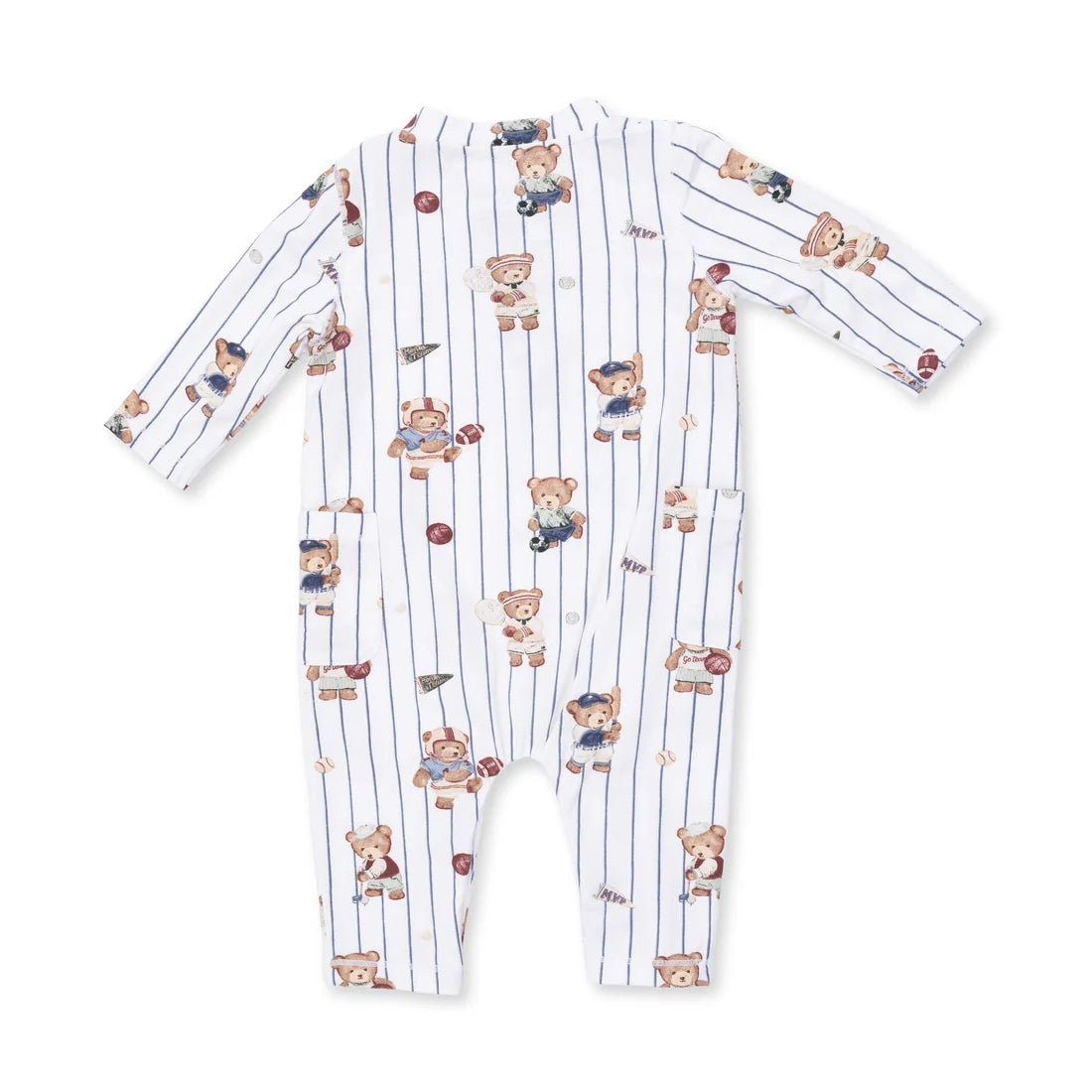 Baby onesie with teddy bear pattern on a white background