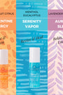 Three skincare product bottles with different scents on colorful backgrounds