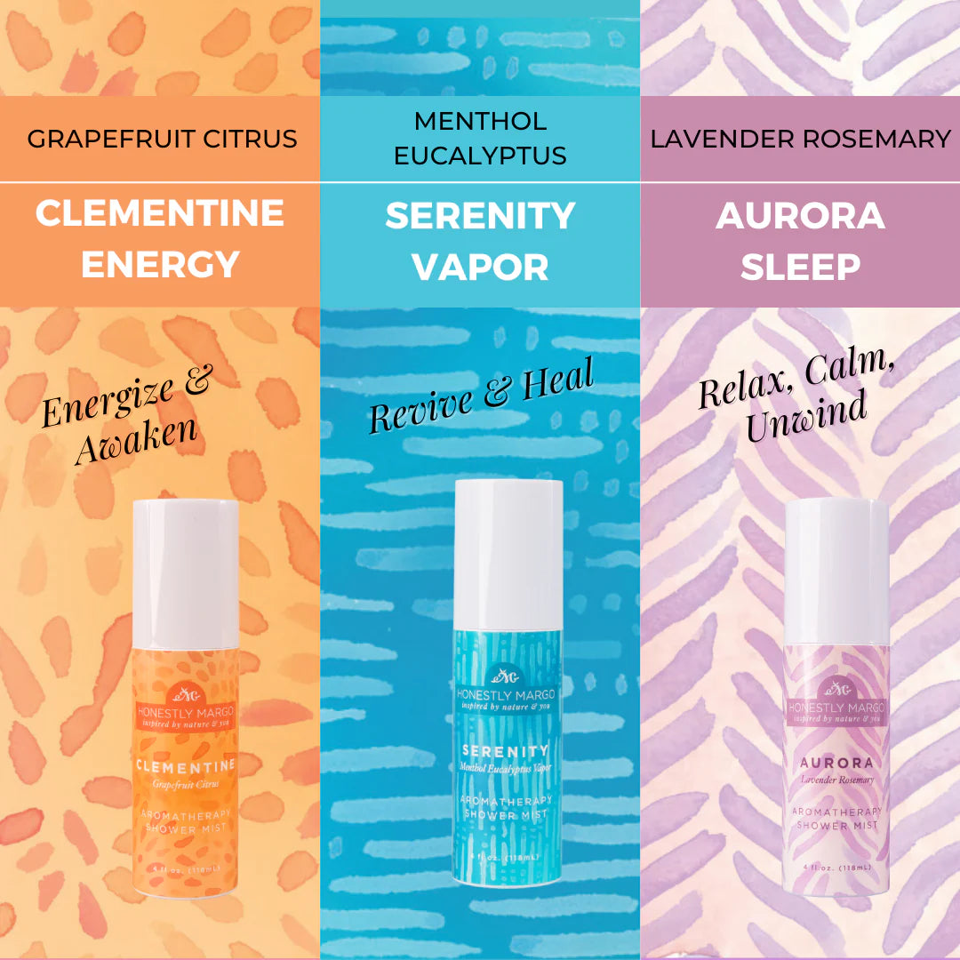 Three skincare product bottles with different scents on colorful backgrounds