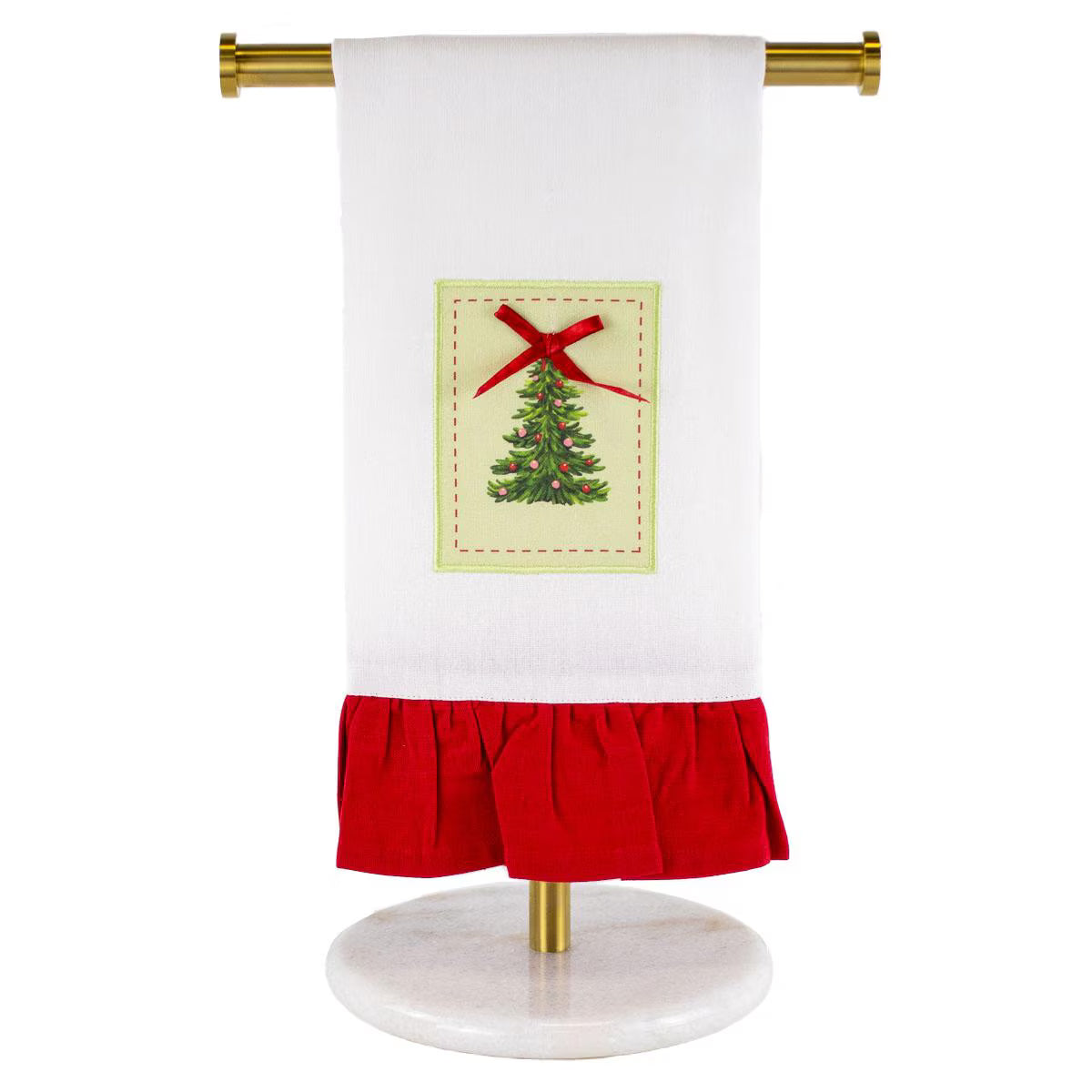 Towel with Christmas tree design on a stand against a white background